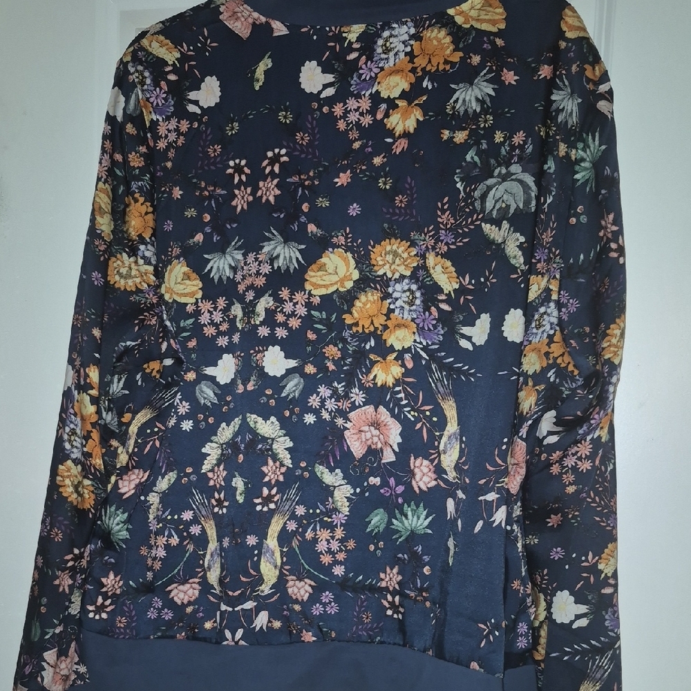 Blue and Yellow Floral Bomber Jacket with Ribbed Cuffs - Picture 3 of 5